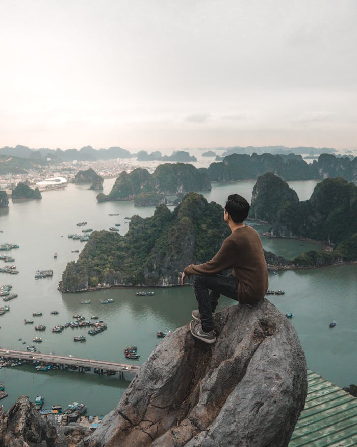 services-02 A person sitting on a cliff, enjoying the breathtaking view of Halong Bay's iconic limestone karsts.