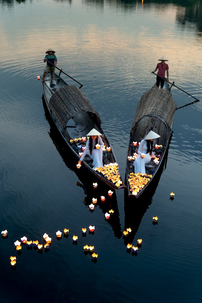 cta-02 Scenic view of traditional lantern boats on the tranquil Perfume River in Hue, Vietnam.